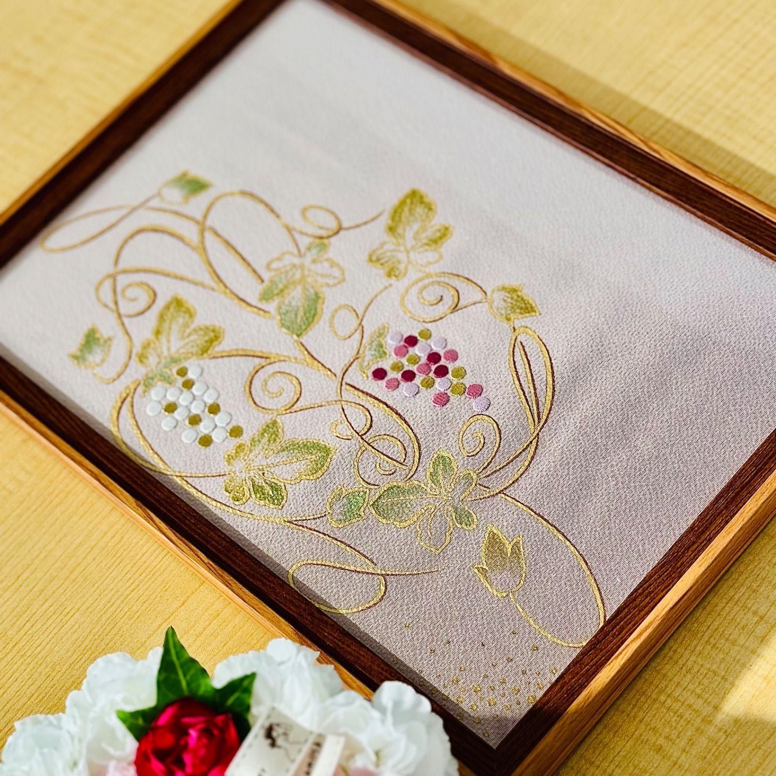 着物リメイク】人間国宝 福田喜重 日本刺繍 葡萄文様 着物刺繍 額装 