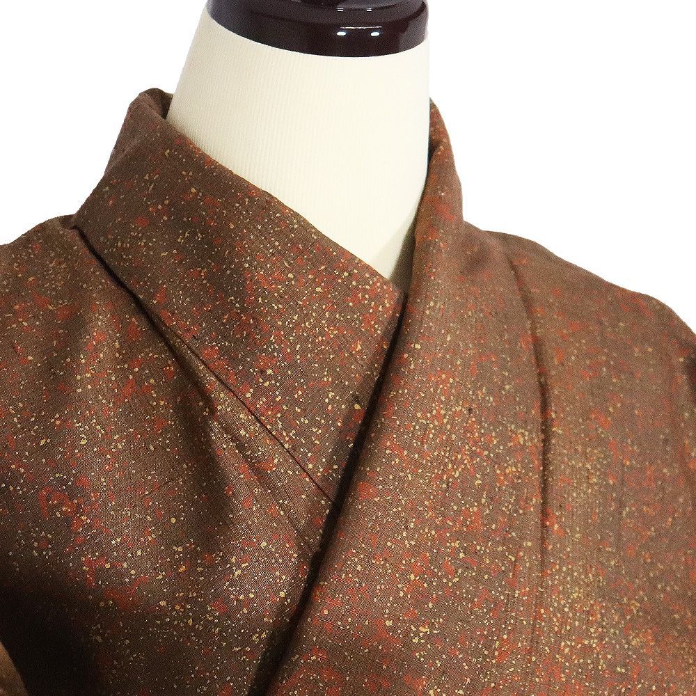 【小紋】新品未使用　縞に鈴模様　しつけ糸　美品　ブラウン　茶　美品　着物 Prices down2）正絹 小紋 反物 着物「柿渋染め 更紗」日本製 丹後