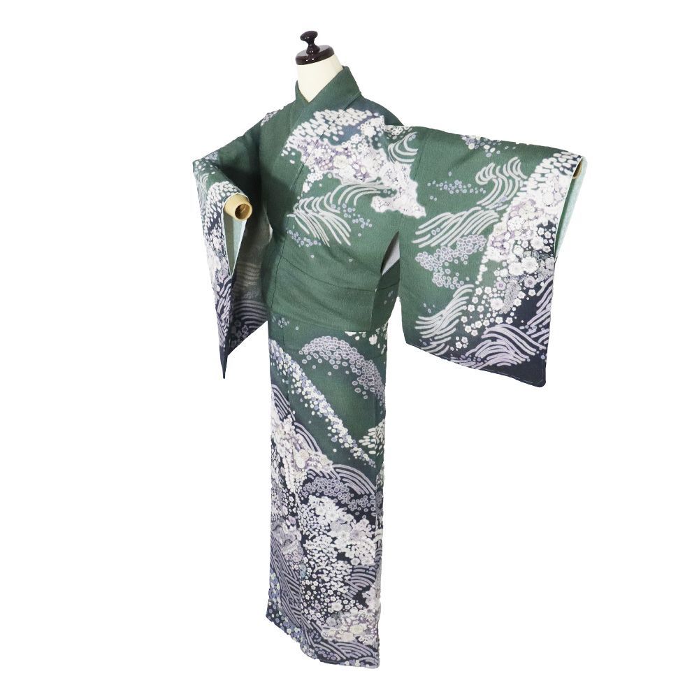 辻が花訪問着 袷 正絹 緑 グレー紫 薄緑 墨黒 暈し 辻が花 トール