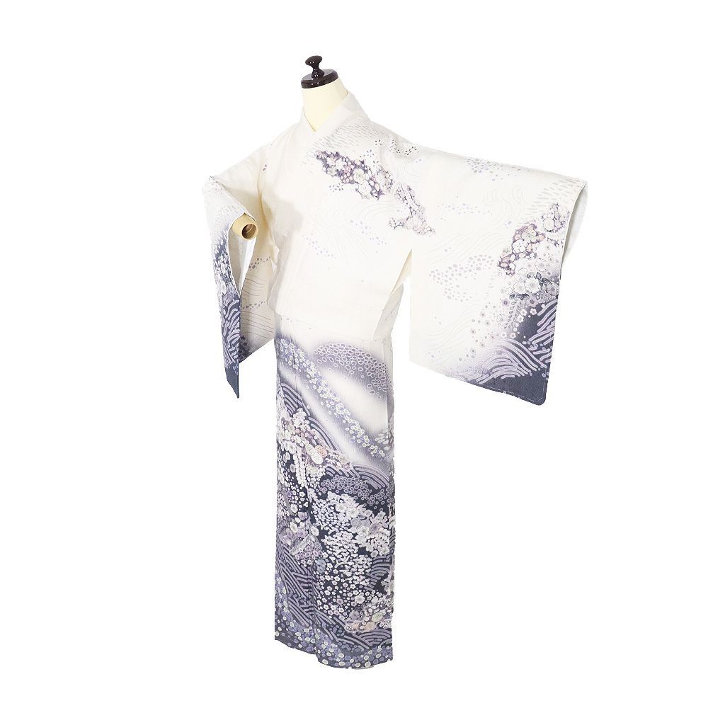辻が花訪問着 袷 正絹 オフホワイト 薄紫 紫 墨黒 暈し 辻が花 トール