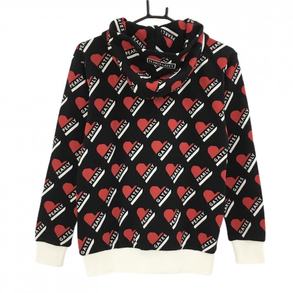 美品　パーリーゲイツ　ニットパーカー　ダブルジップ　赤　ロゴ刺繍　1/M 新品】パーリーゲイツ ジップパーカー 黒×レッド×白 ハートロゴ総柄