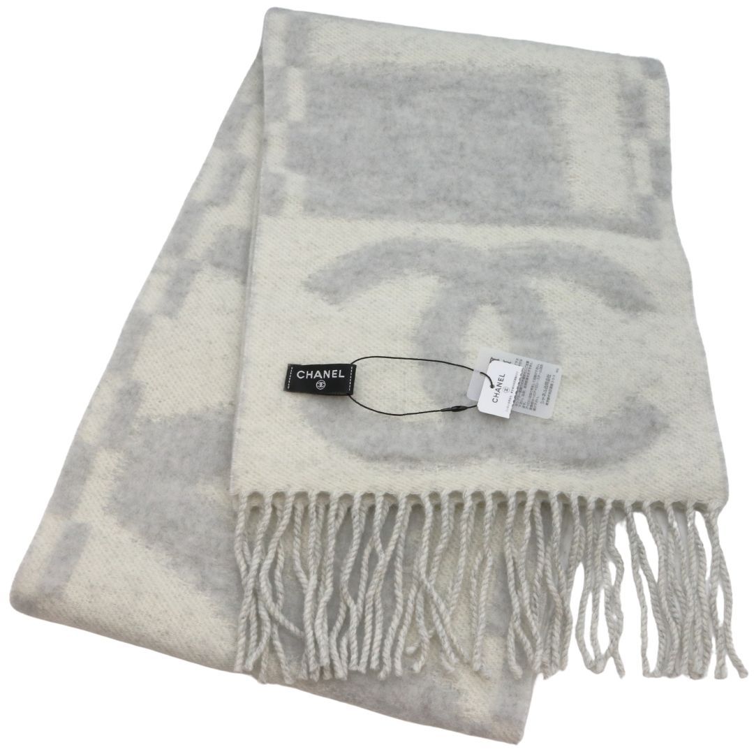 CHANEL シャネル 25 K マフラー グレー ホワイト AAB 478 B 22311 U 4445 カシミヤ 絹 レディース NA 8887