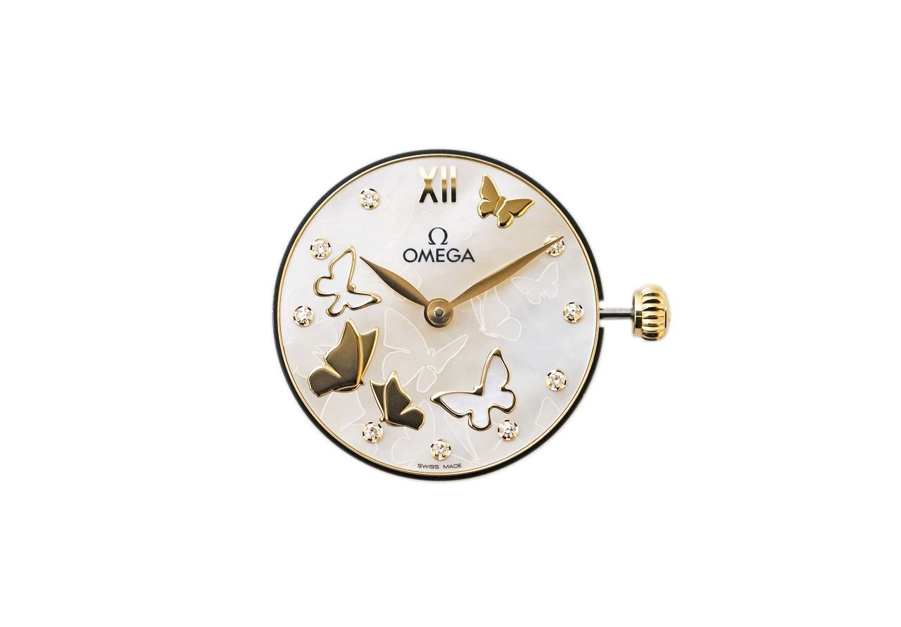 オメガ レディース デビル プレステージ デュードロップ ムーブメント 9 Pダイヤ QZ ホワイトシェル文字盤 Cal 4061 蝶 可動品