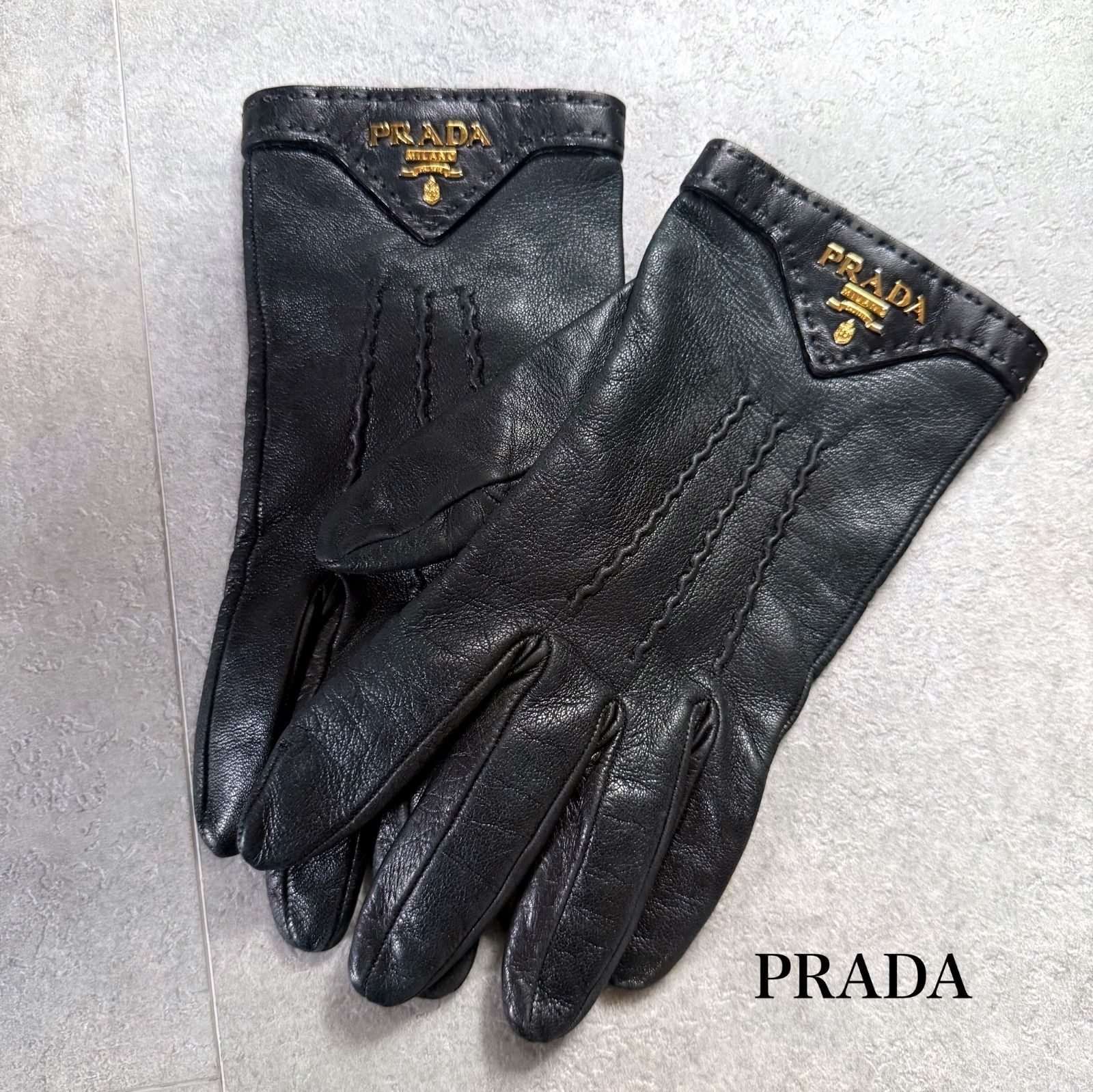 PRADA プラダ ラムレザー グローブ 手袋 シルク 黒 ブラック ゴールド