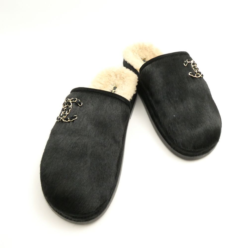 美品 CHANEL シャネル Velvet Calfskin Flats G38648 フラットサンダル