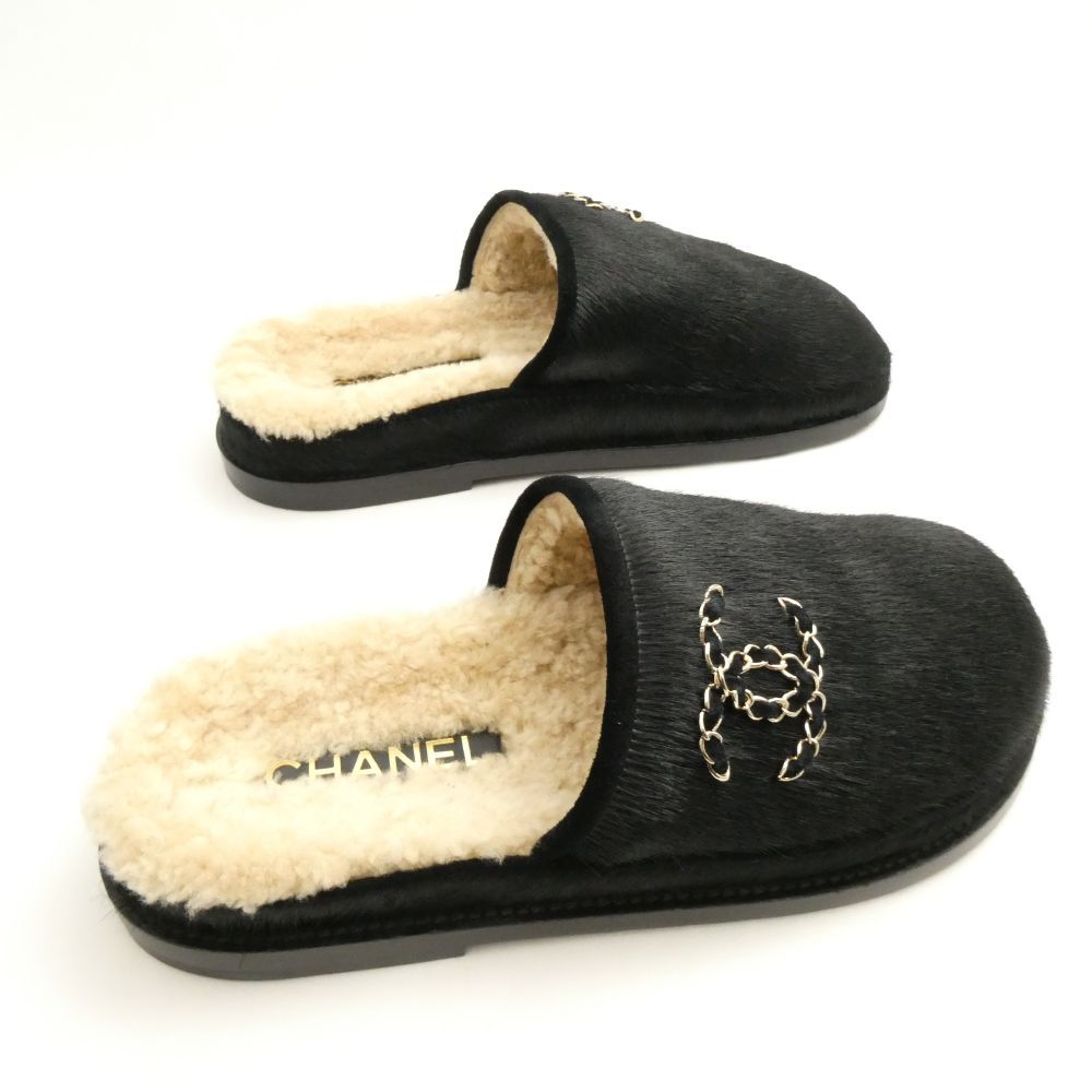 美品 CHANEL シャネル Velvet Calfskin Flats G38648 フラットサンダル