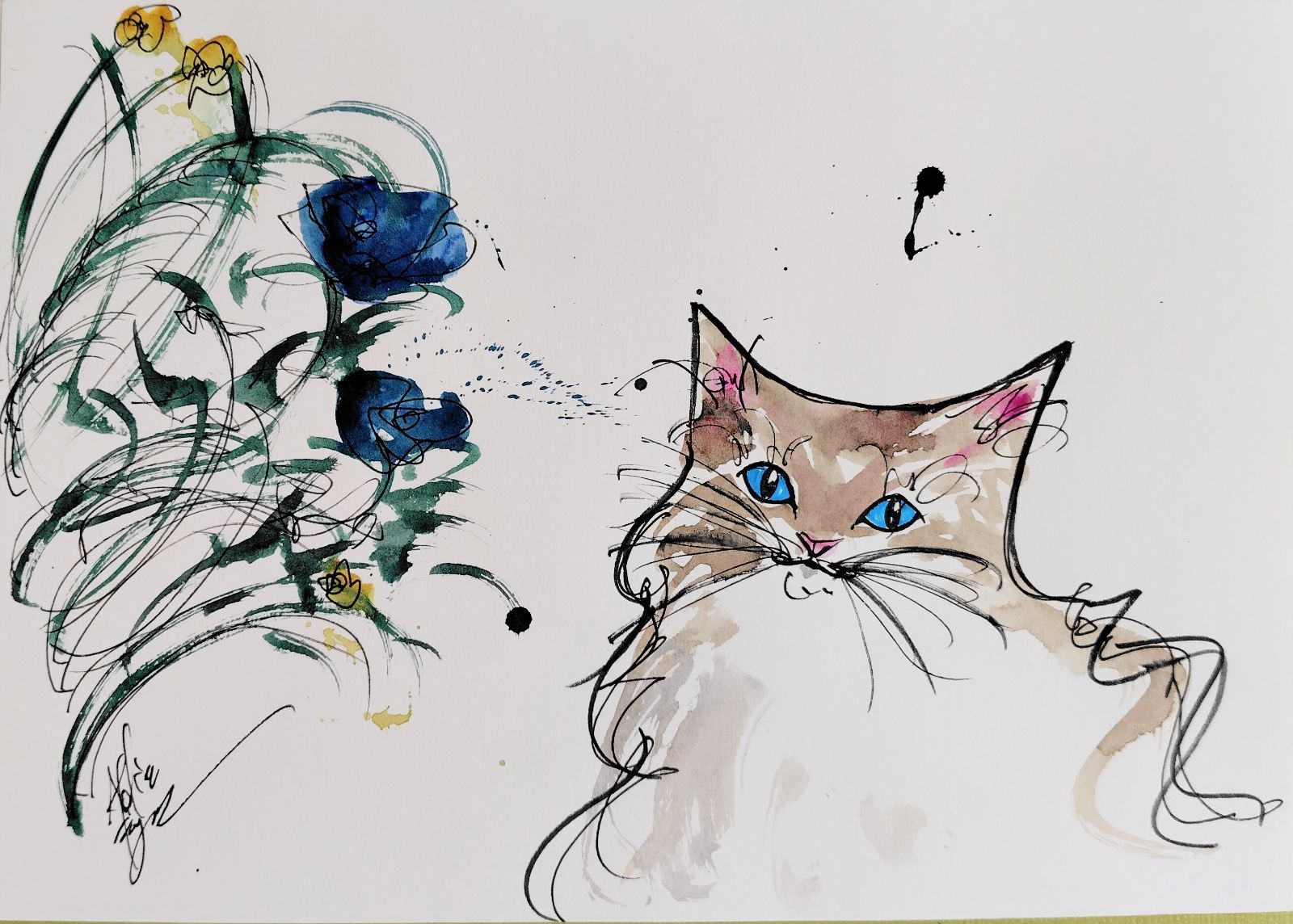 原画#128 猫 薔薇 花 水彩画 ドローイング インテリアイラスト アート