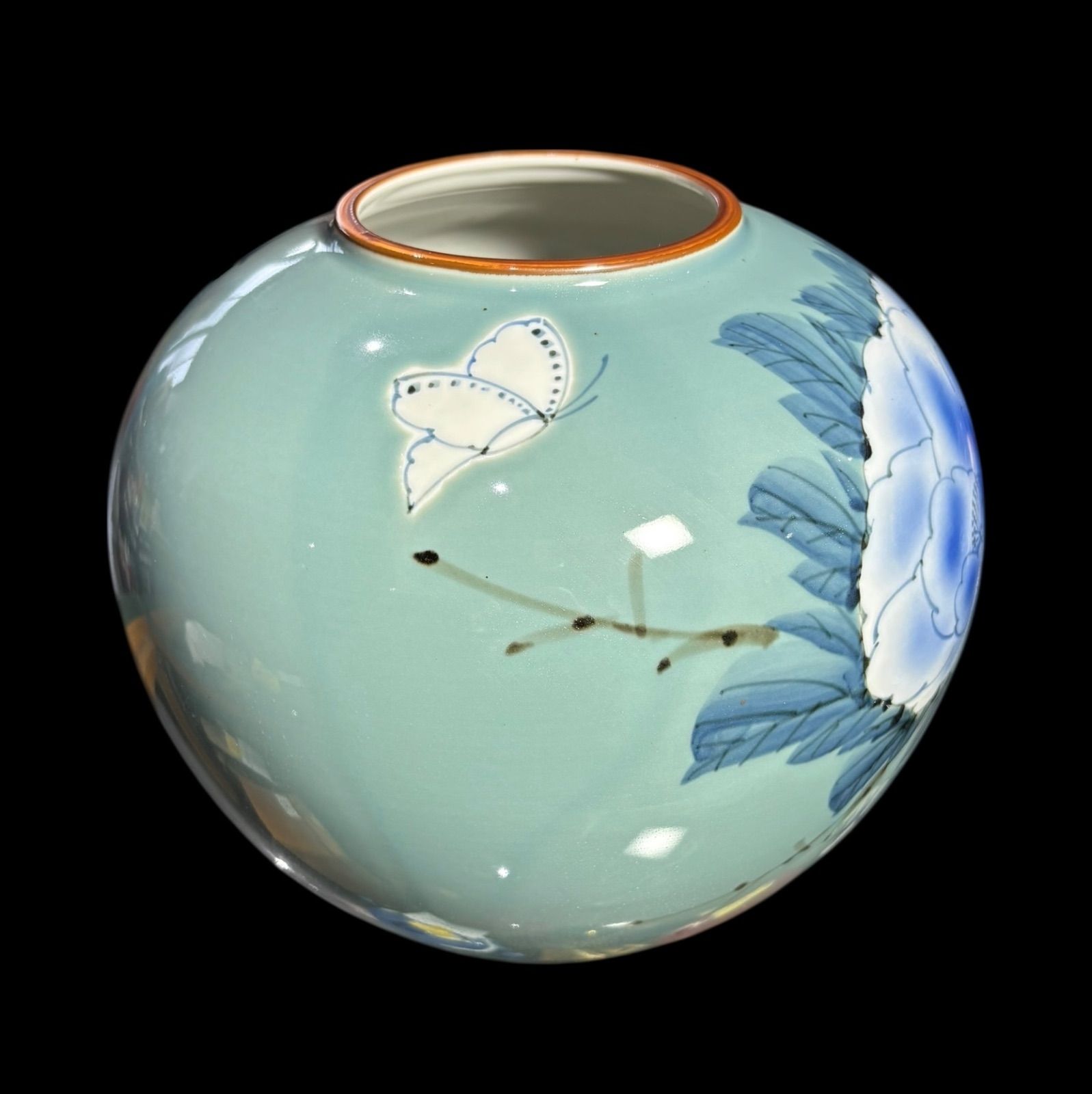 九谷 旭山 花瓶 蝶草花文図 九谷焼 フラワーベース 花入れ 丸壺 花器