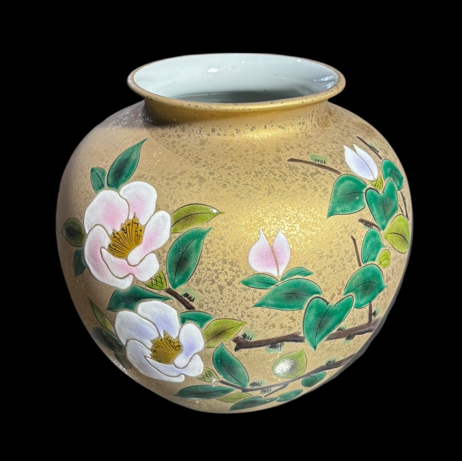 九谷 光陽 金襴手 花瓶 椿 九谷焼 フラワーベース 花入れ 丸壺 花器