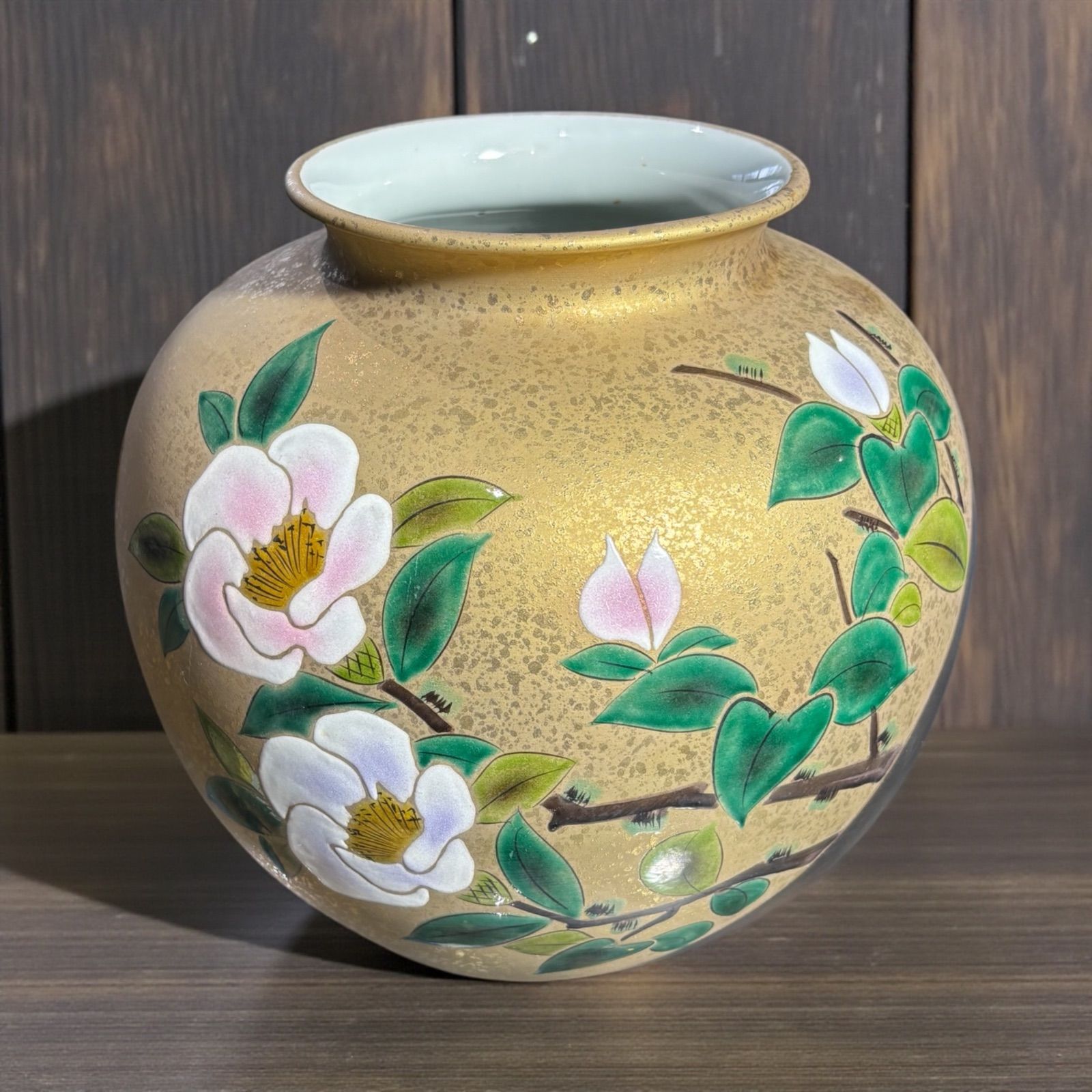 九谷 光陽 金襴手 花瓶 椿 九谷焼 フラワーベース 花入れ 丸壺 花器