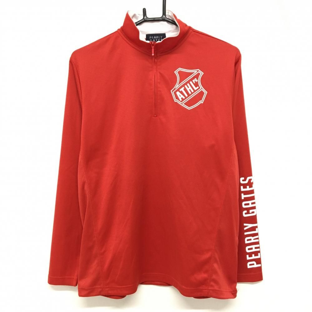 超美品】パーリーゲイツ 長袖ハイネックシャツ レッド 地模様 ロゴ白