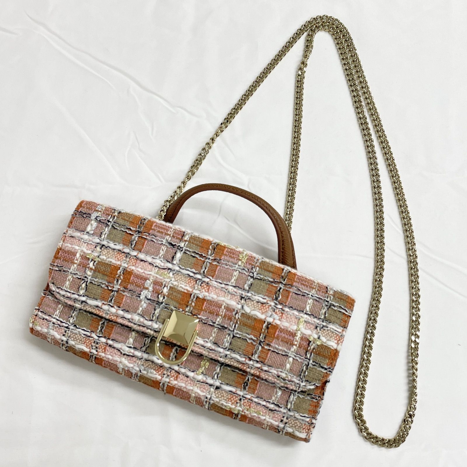 Furla フルラ ツイード チェック柄 チェーン ショルダーバッグ