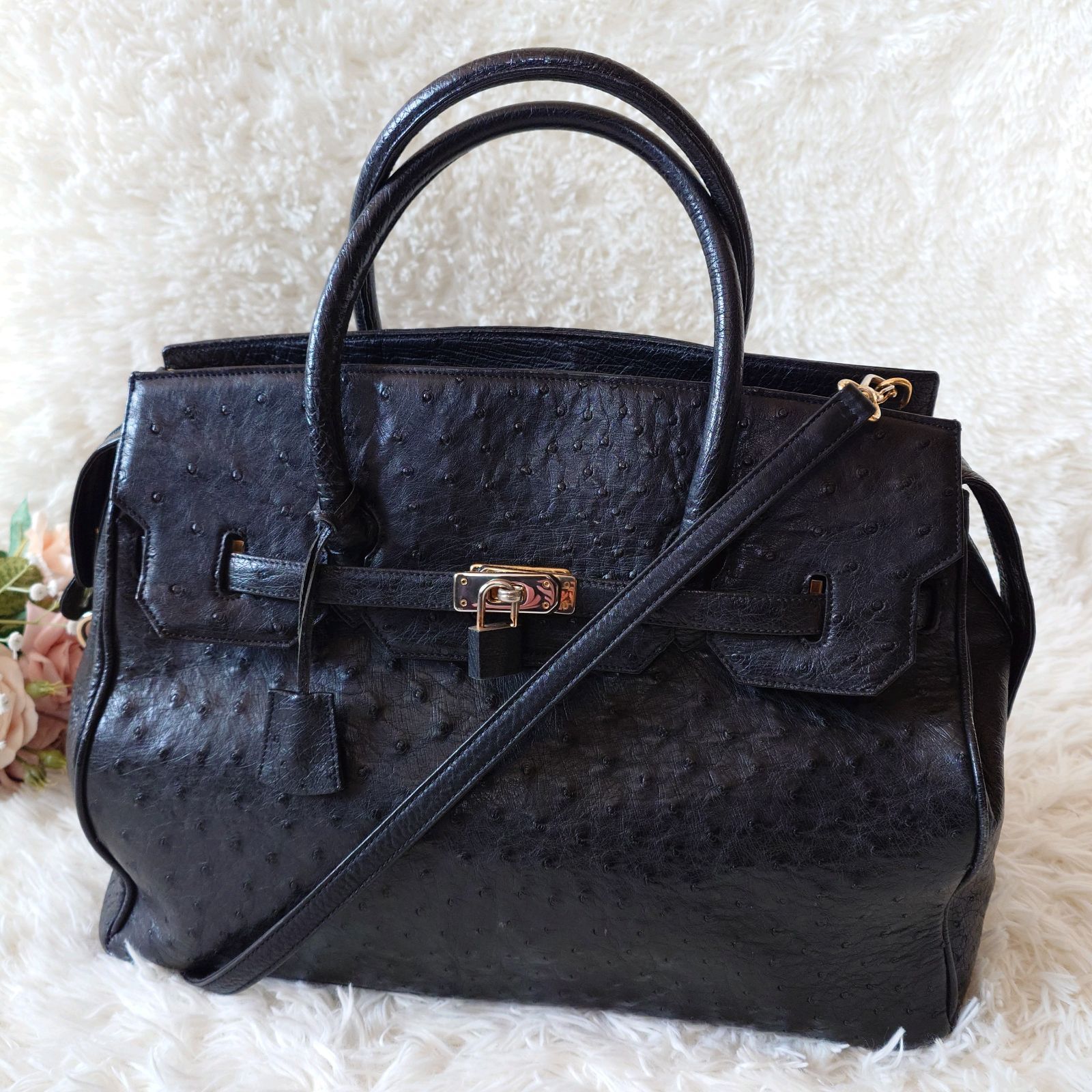 ハイクラス 2WAY ハンドバッグ オーストリッチ鍵　南京錠　ショルダーバッグ 高級 トートバッグ ハンドバッグ 2way カデナ 南京錠 鍵付き