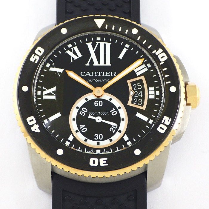 カルティエ Cartier 腕時計 カリブル ダイバー W7100055 ブラック文字盤 デイト スモールセコンド 回転ベゼル ブラック ラバーベルト K18PG SS 自動巻き 【箱・保付き】 【中古】 カルティエ Cartier 腕時計 カリブル ダイバー W7100055 ブラック文字