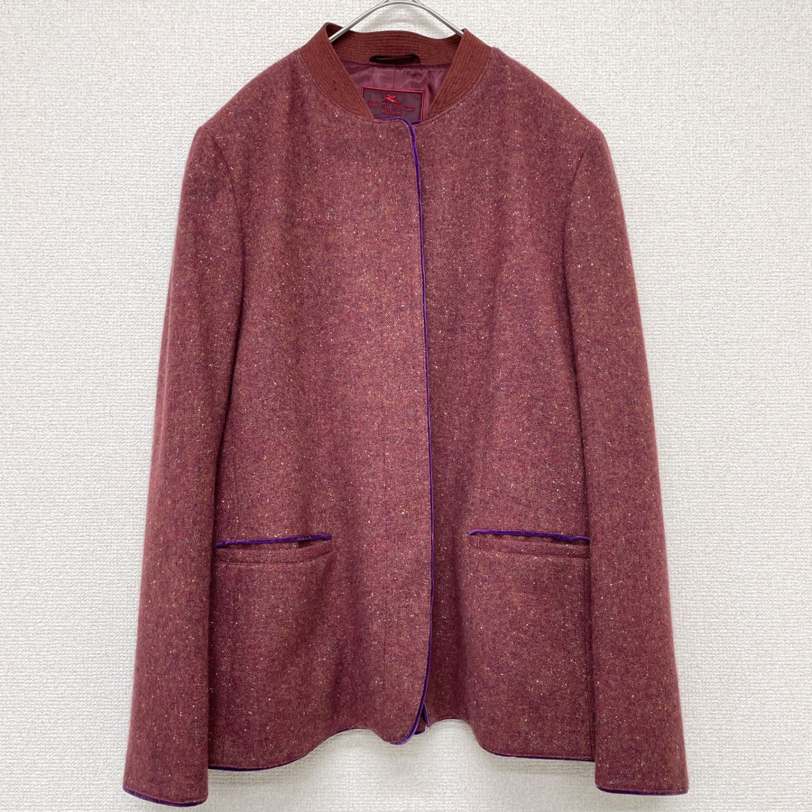 ETRO エトロ ジャケット ノーカラー カシミヤ ウール ツイード レッド