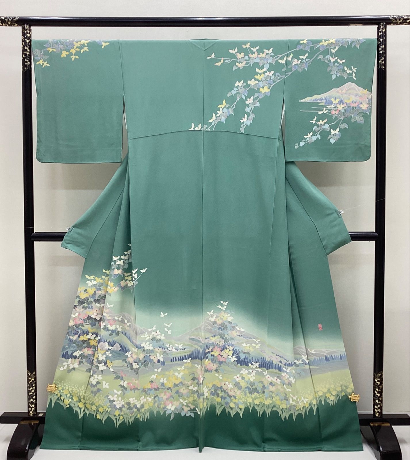 中古品 袷着物 加賀友禅 落款 青磁色 正絹R210 - メルカリ