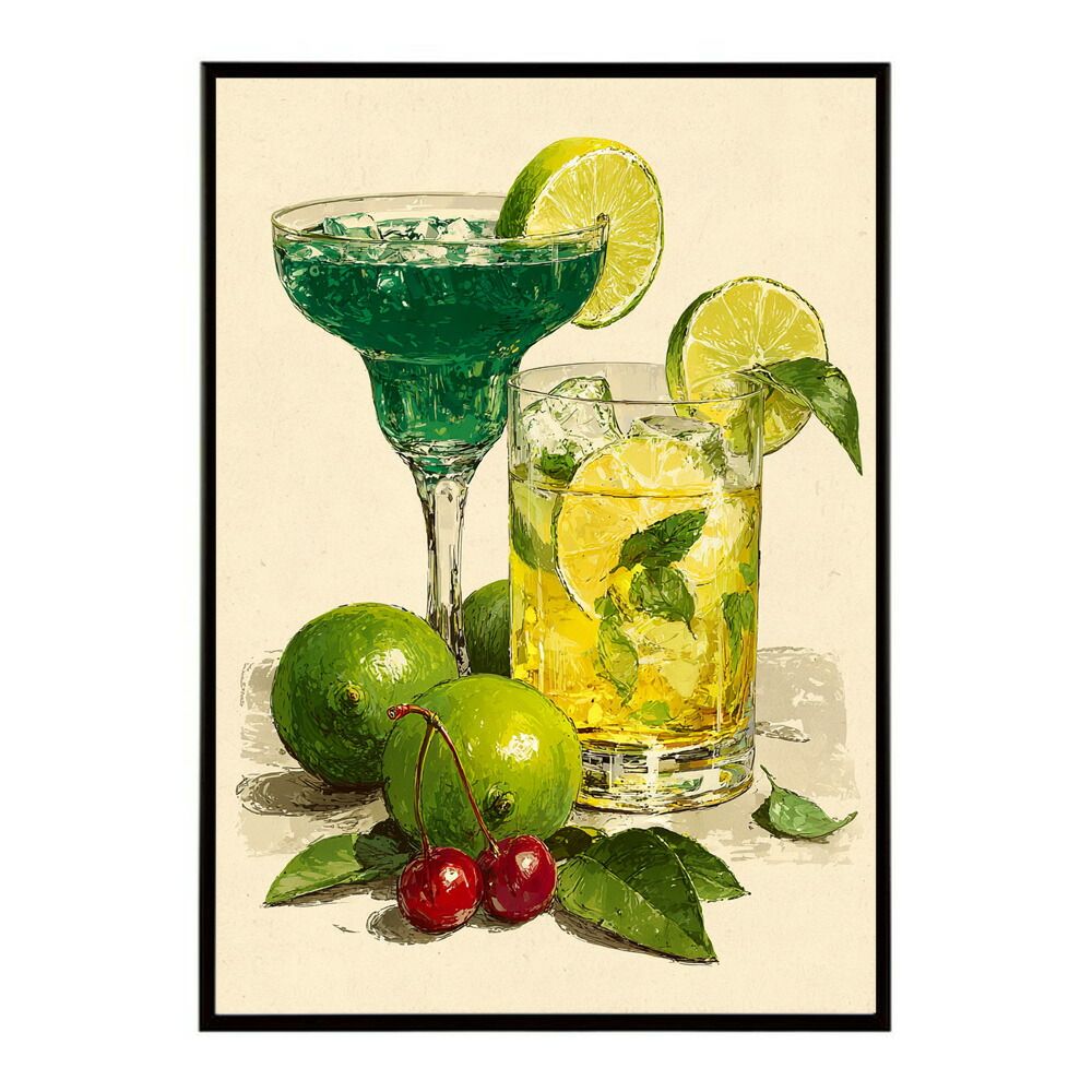【B4サイズ（約25x36cm）】【lm-poster-6024】【フレーム付き】ポスター　モヒートポスター おしゃれ バー インテリア アート 北欧風 絵 ウォールアート 酒 カクテル 海外風 カフェ レストラン  お洒落 特大 大きい