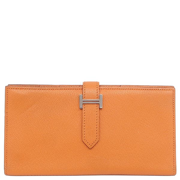 エルメス HERMES 長財布 ベアンスフレ シェーブル オレンジ シルバー