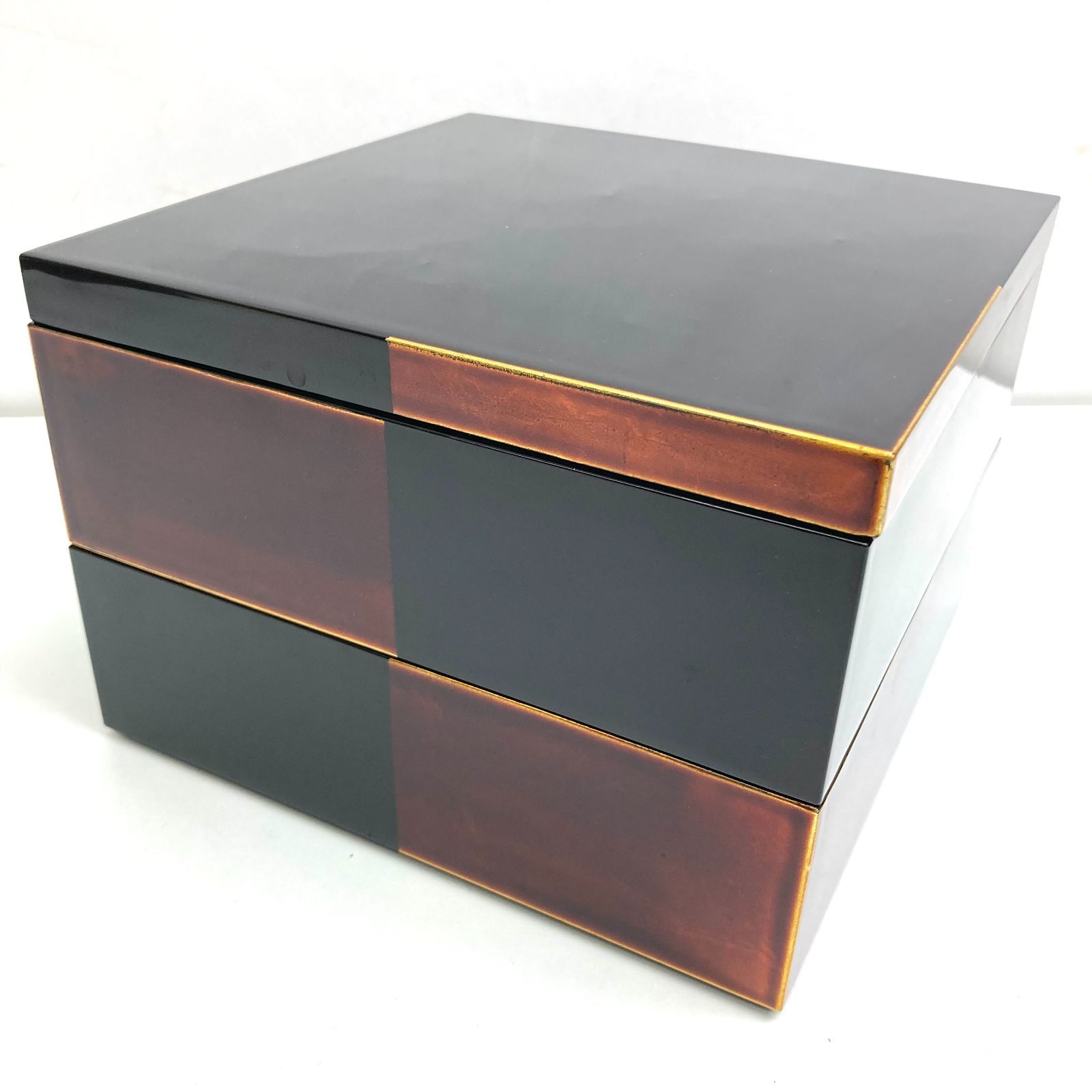 e) 山田平安堂 二段重 白檀 漆器 宮内庁御用達 6寸 3～4人用 重箱