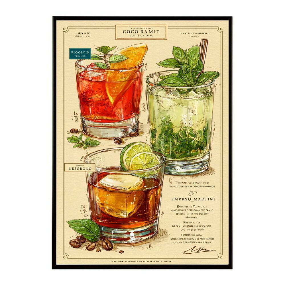 【A2サイズ（約42x59cm）】【lm-poster-6441】【フレーム付き】ポスター モヒートポスター おしゃれ バー インテリア アート 北欧風 絵 ウォールアート 酒 カクテル 海外風 カフェ レストラン お洒落 特大 大きい