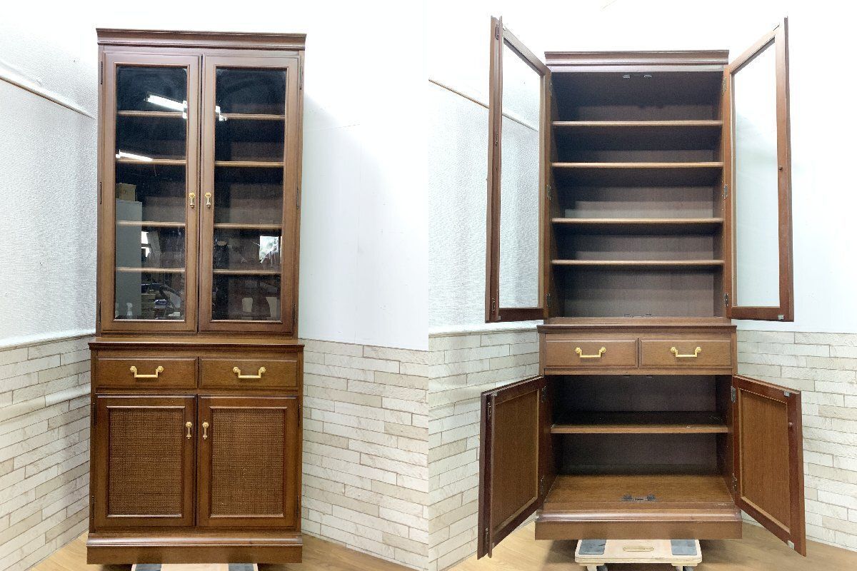 マルニ　木製キャビネット ガラス扉付き ガラスキャビネット 幅51cm マホガニー エンジ 引き出し 扉付き 脚付き