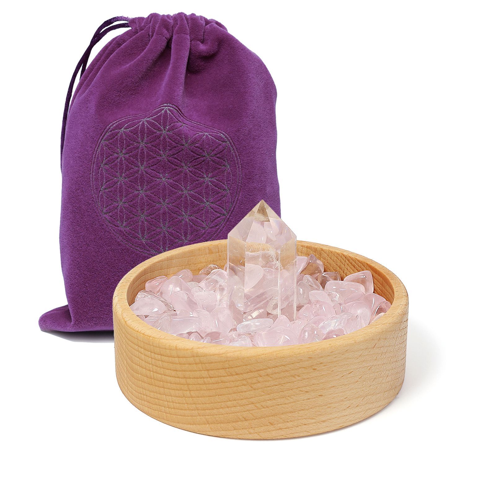 ローズクォーツ 浄化セット 六角水晶柱＆さざれ石（200g） 木製