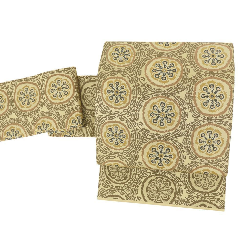 名古屋帯 川島織物 正絹 中古 華文 花唐草 イエローベージュ