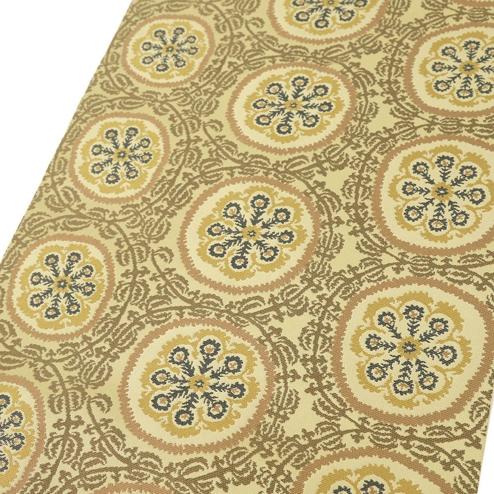 名古屋帯 川島織物 正絹 中古 華文 花唐草 イエローベージュ