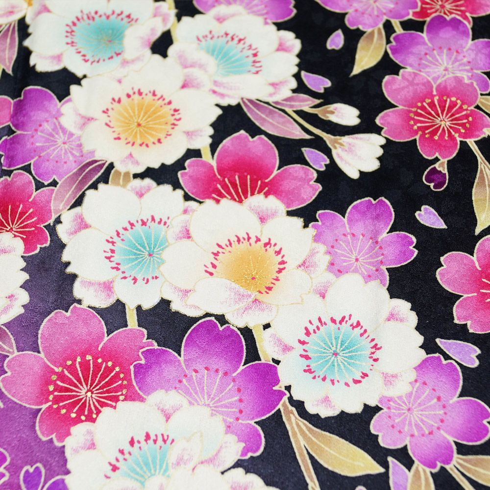 【帯付き】正絹　振袖2点セット　花柄　袋帯 振袖セット 振袖・袋帯 2点 セット Lサイズ ぼかしに桜花模様 黒色系