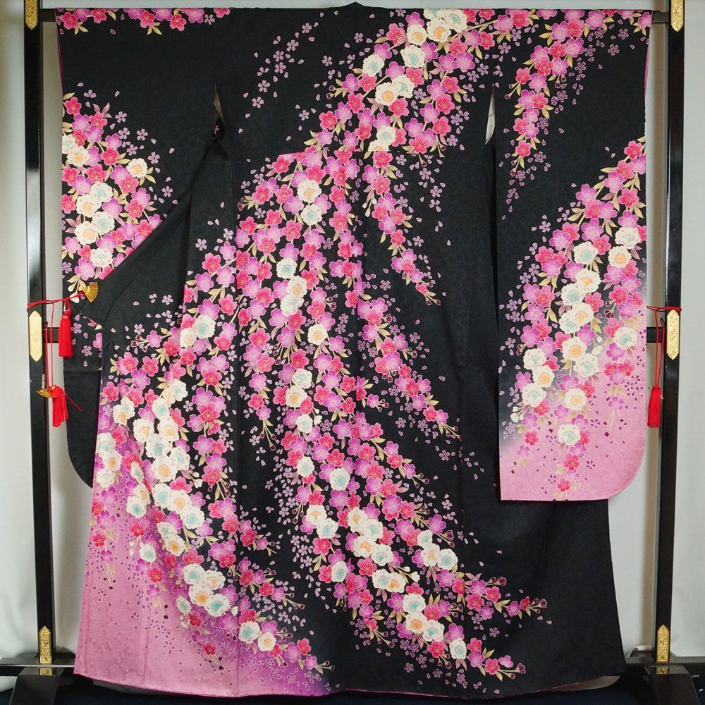 振袖セット 振袖・袋帯 2点 セット Lサイズ ぼかしに桜花模様 黒色系