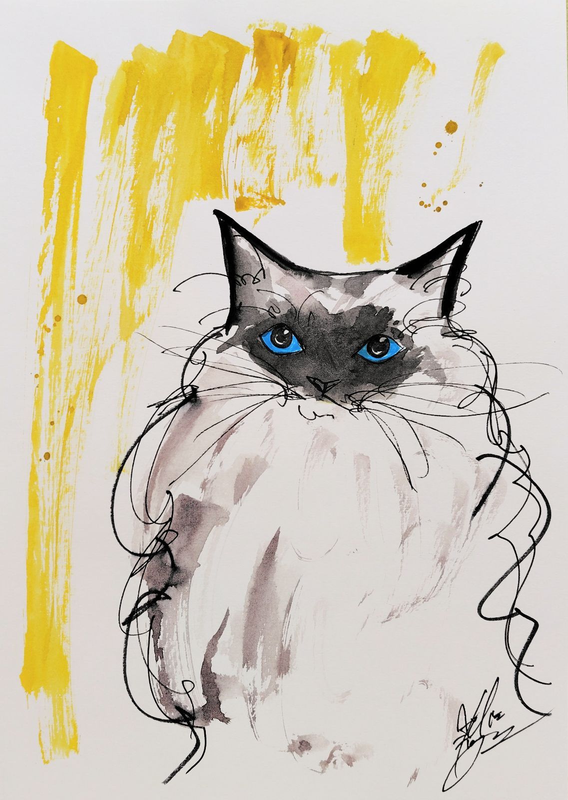 CAT 絵画　イラスト　ドローイング 原画#130 猫 水彩画 ドローイング インテリア イラスト 絵画 アート 絵