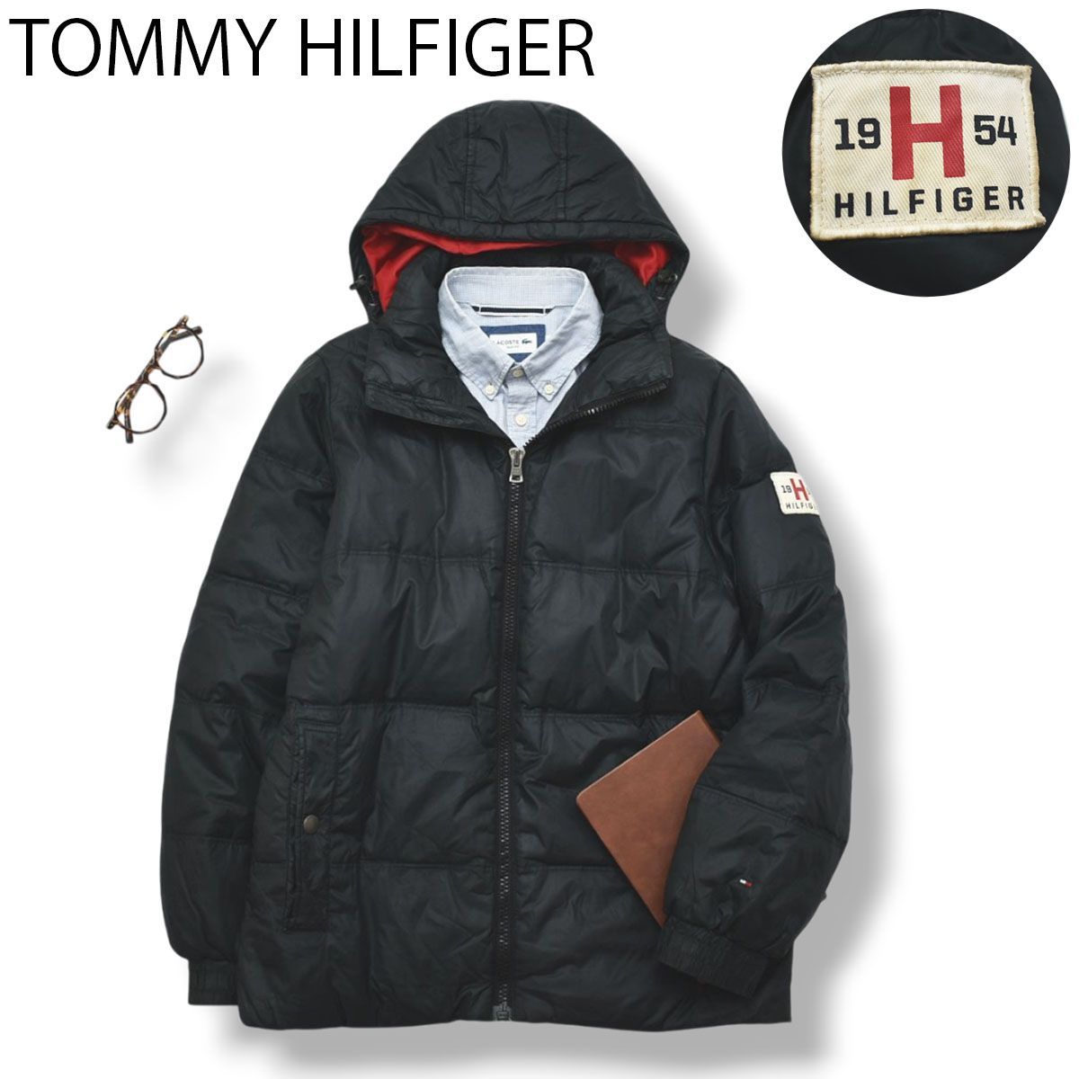 【大きい】XL日本サイズ位トミーヒルフィガーUS 3層レイヤー ダウンジャケット TOMMY HILFIGER ダウンジャケット フード付 黒 XL 人気 トミー