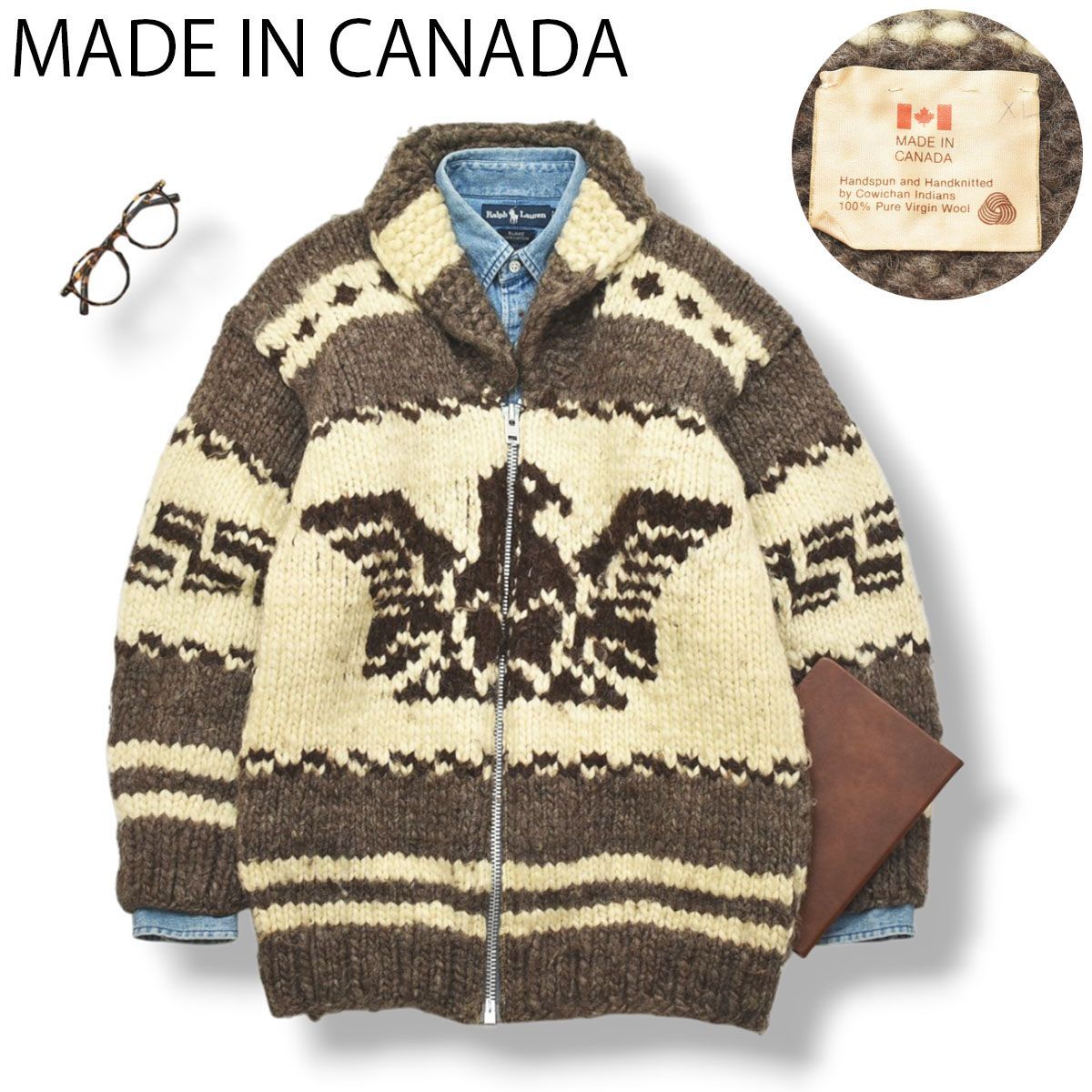 古着　vintage 90s y2k デザイン　カウチンニット　パーカー 90s ヴィンテージ カナダ製 ピュア ヴァージン ウール カウチン ニット