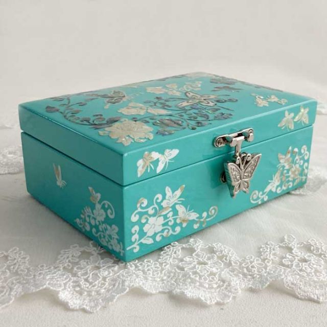 螺鈿の高級ジュエリーボックス・高級螺鈿宝石箱-蝶花ブルー