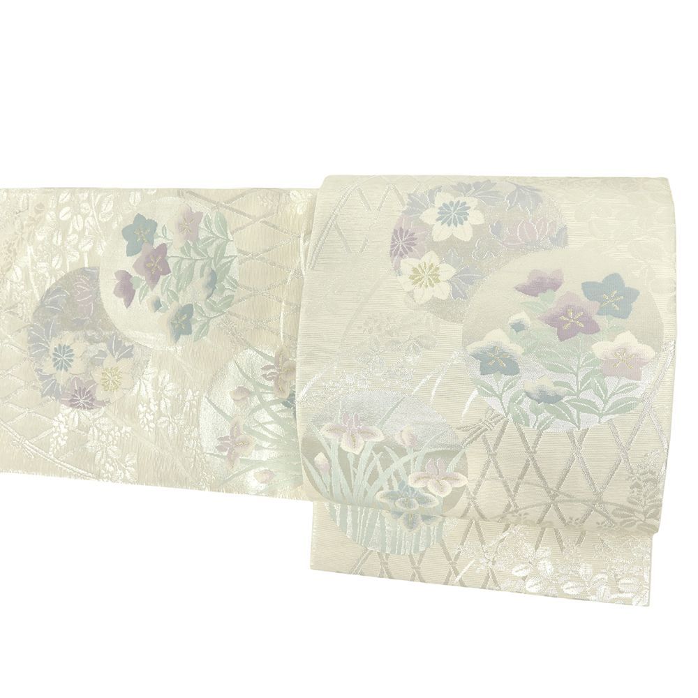 袋帯 白 夏帯 紗 中古 正絹 銀 花 桔梗 杜若 萩 花の丸 リサイクル 帯