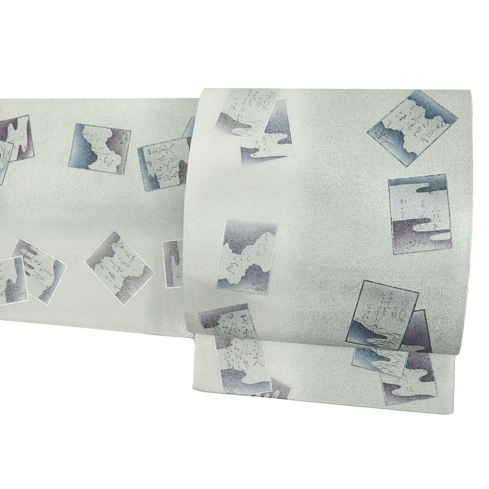 袋帯 正絹 シルバー グレー 全通 中古 摺り暈し友禅 百人一首 かるた