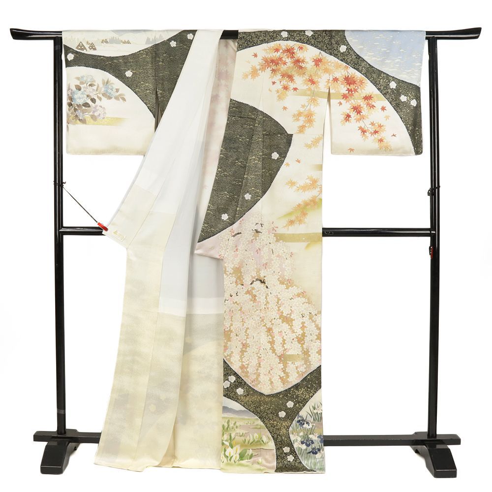 大喜百花訪問着 青柳謹製訪問着　トールサイズ花柄 茶色とベージュ裄丈68.5 訪問着 青柳 大喜百花 新古品 正絹 白 茶 花 風景 桜 紫陽花 身丈172.5