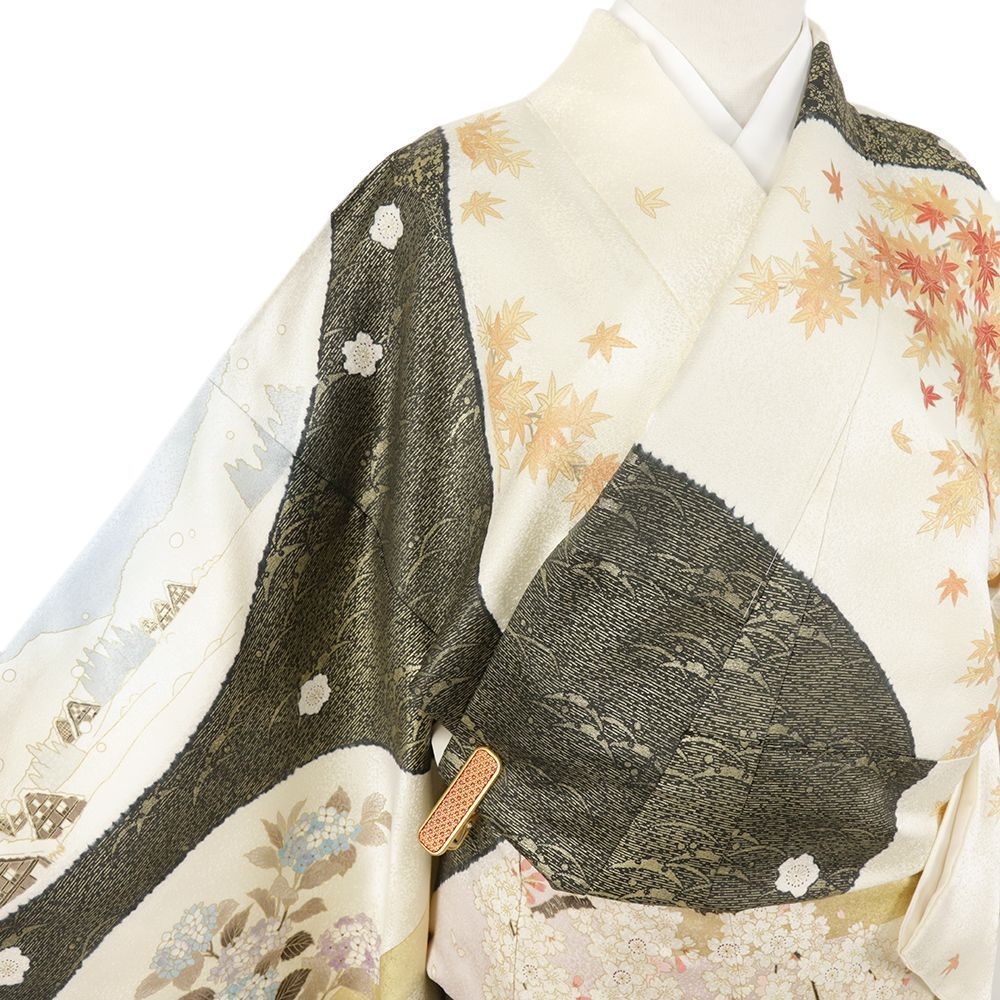 訪問着 青柳 大喜百花 新古品 正絹 白 茶 花 風景 桜 紫陽花 身丈172.5