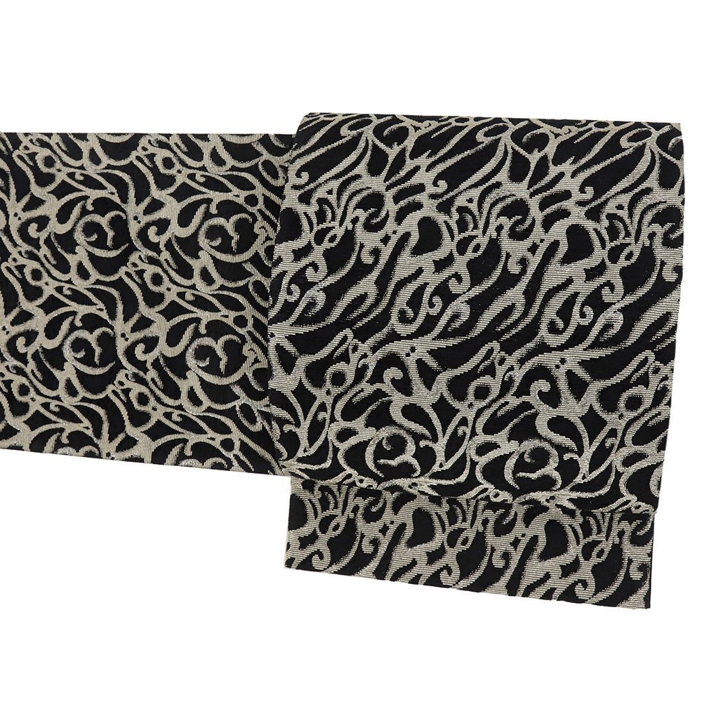 袋帯 黒 新古品 ローブデコルテ 正絹 銀糸 ラメ糸 モール織 リサイクル