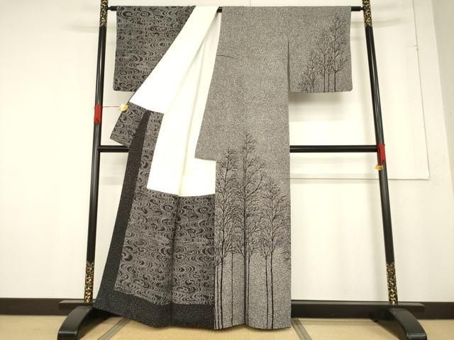 平和屋着物○二代目 川村久太郎 訪問着 流水樹林文 黒地 正絹 逸品