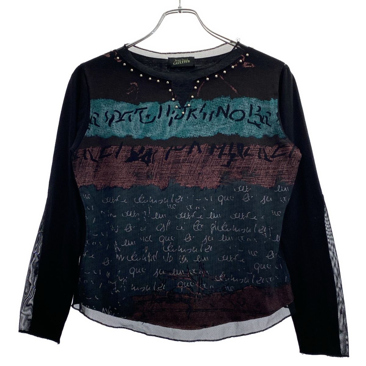 Jean Paul GAULTIER ジャンポールゴルチェ カリグラフィパワーネット切替スタッズニットトップス  ブラック Jean Paul GAULTIER ジャンポールゴルチェ カリグラフィパワーネット