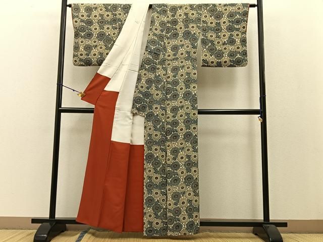 平和屋着物●上質な小紋　藍　型染め　古代菊　鬼しぼ縮緬　正絹　逸品　BAAW5019hj 平和屋着物○上質な小紋 藍 型染め 古代菊 鬼しぼ縮緬 正絹 逸品