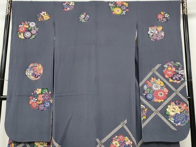 平和屋着物○江戸紅型 五味桂子 振袖 型染め 天井花丸文 鬼しぼ縮緬