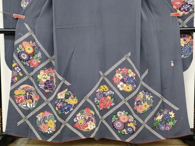 パイローチ◆江戸紅型・五味桂子◆落款◆幾何学に花模様◆袷◆正絹◆訪問着 極上◇江戸紅型作家・五味桂子/作◇落款あり◇幾何学に花