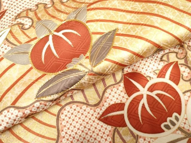 平和屋着物●十日町老舗ブランド　吉澤友禅　吾妻徳穂　振袖　駒刺繍　立波に橘　金彩　正絹　逸品　AABF1056cs 平和屋着物○十日町老舗ブランド 吉澤友禅 吾妻徳穂 振袖 駒刺繍 立波