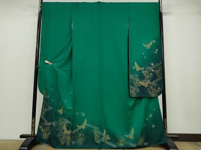 平和屋着物○染色作家 斉藤三才 振袖 寿光織 三才鳥 草花文 暈し染め