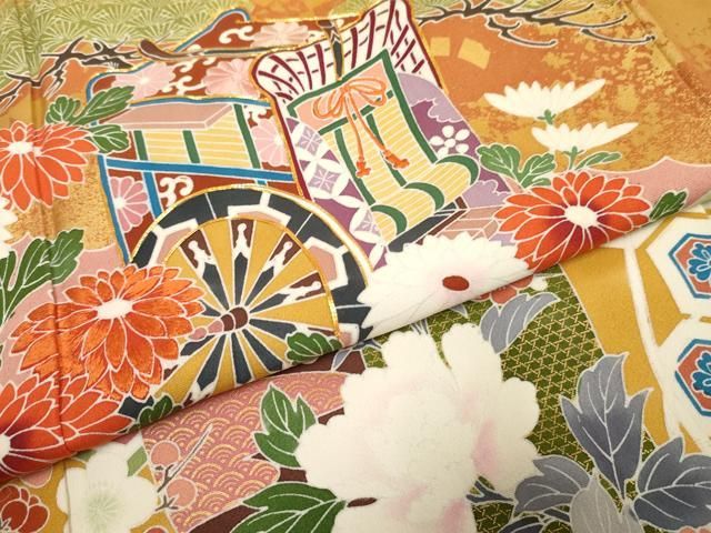 平和屋着物○豪華振袖 友禅 駒刺繍 御所車吉祥花文 金彩 正絹 逸品