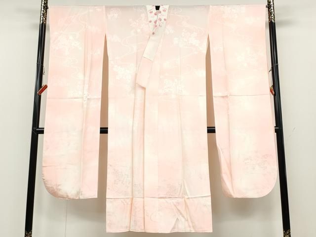 平和屋着物●振袖用長襦袢　無双仕立て　流水草花地紋　暈し染め　半衿刺繍　正絹　逸品　CABB6331ut 平和屋着物○振袖用長襦袢 無双仕立て 流水草花地紋 暈し染め 半衿刺繍