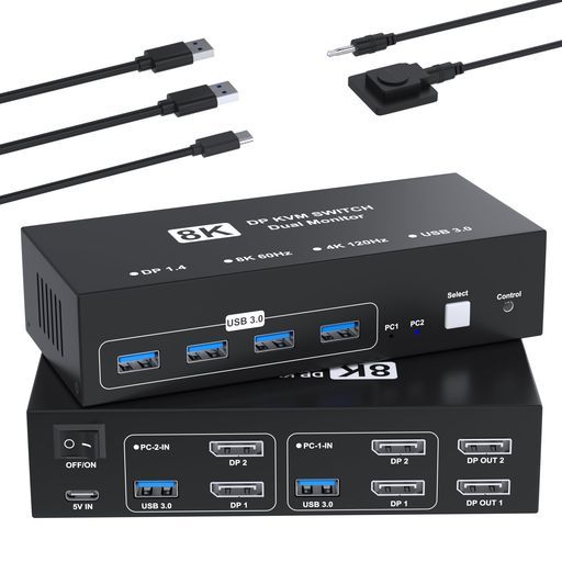 8K@60HzDisplayPortKVMスイッチ2入力2出力KVM切替器パソコン2台
