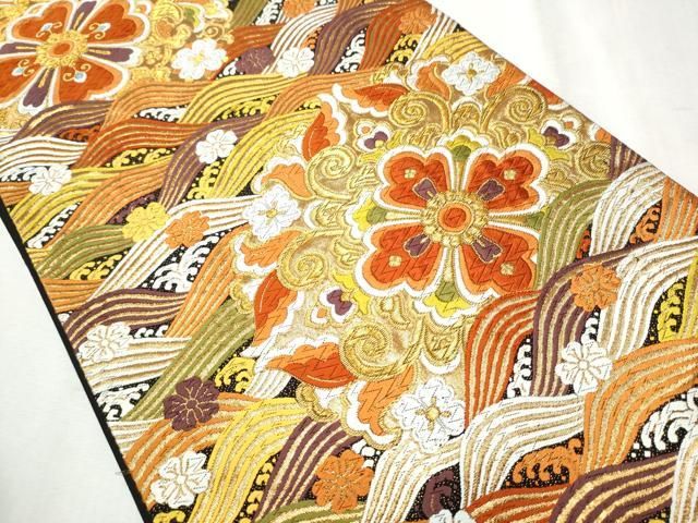 平和屋着物◎六通柄袋帯 流水花文 黒地 金糸 正絹 逸品 AABD7237yx